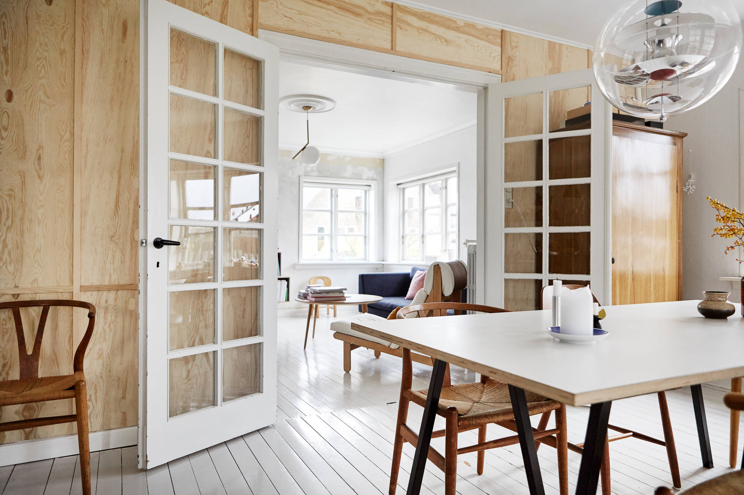 Dining room renovation with white hardwood floor